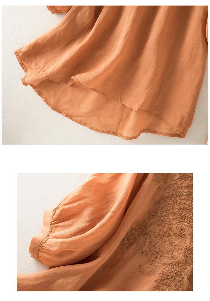 Damen Sommer Ramie V-Ausschnitt Besticktes Oberteil - Lockerer Schnitt, Uni-Farben