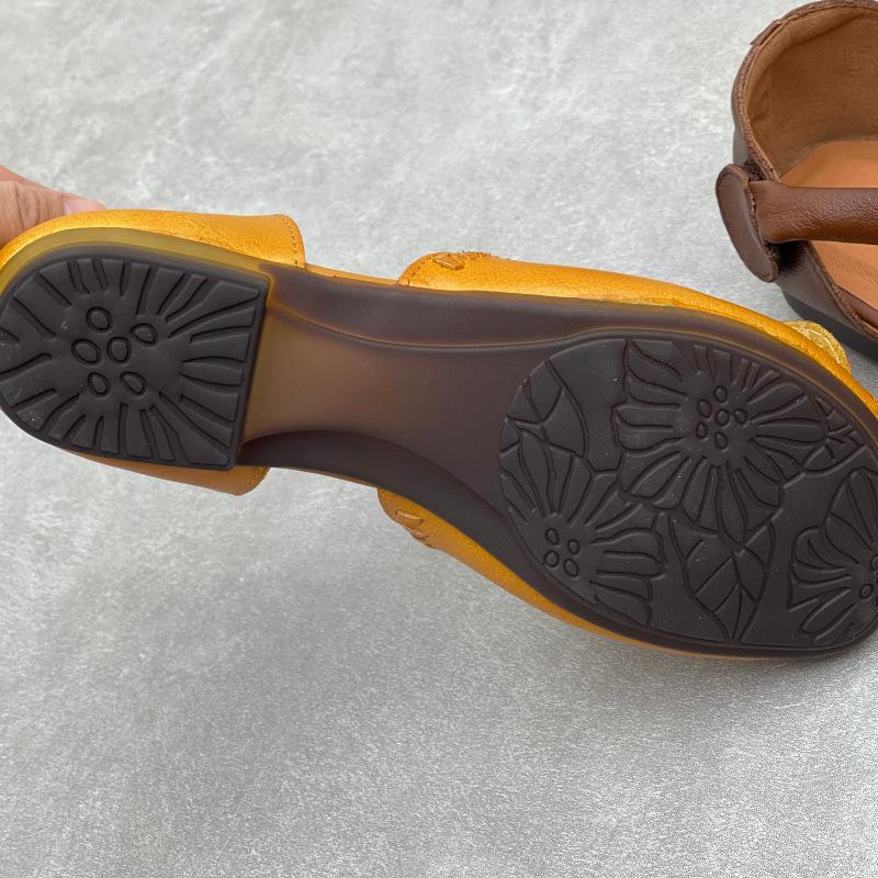 Johnature Retro Handmade Genuine Leather Sandals Hollow-out Soft Sole Round Toe Women's Shoes