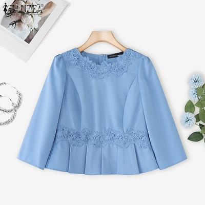 Women Casual Crpchet Patchwork Round Neck Summer Short Sleeve Blouse