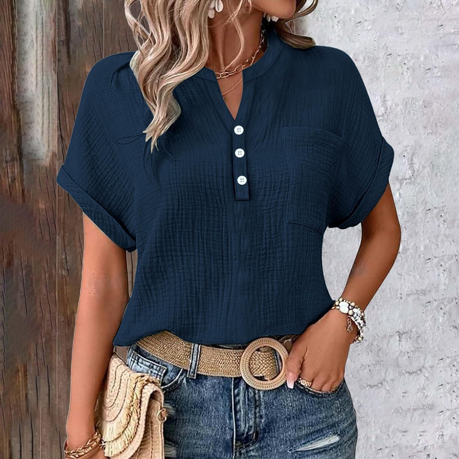 

Женская блузка, Льняная блузка, Женская летняя льняная рубашка на пуговицах, Блузка с V-образным вырезом и короткими рукавами и карманами XL тёмно-синий