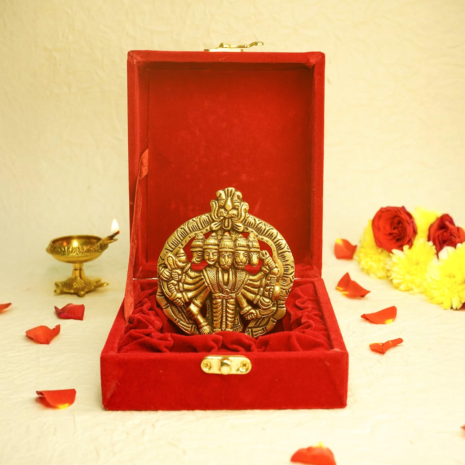 100% Pure Brass Panchmukhi Hanuman Ji Idol, God Bajrang Bali Ji Murti, Golden