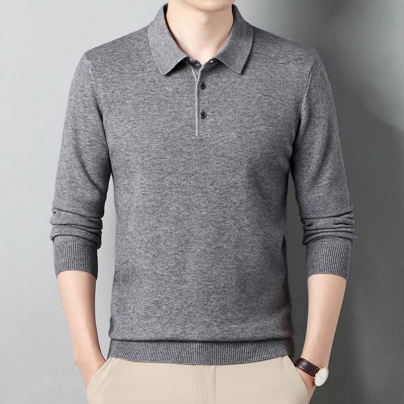 Autumn/Winter Wool Collar Long-Sleeve Men'S Knit Polo Shirt, Solid Color, Middle-Aged Base Sweater, Men'S Wear