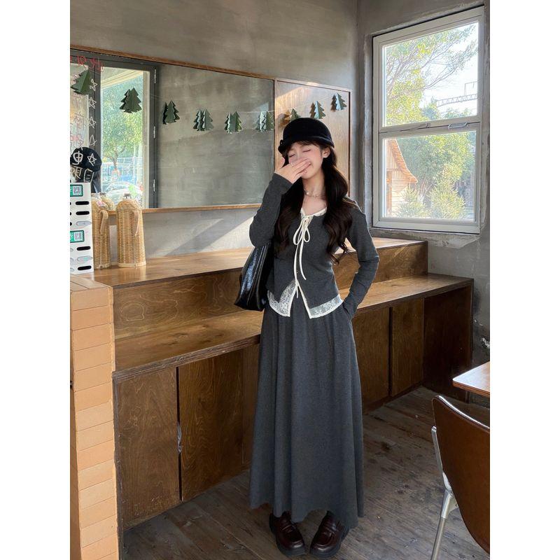

Korean-Style Faux Two-Piece Lace Patchwork Set for Women, Spring and Autumn, Plus-Size, Petite, Three-Piece Outfit with Skirt
