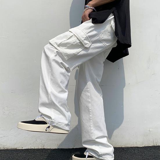 Men Cargo Pants Solid Color Hip-hop Style Loose Pattern Multi Pockets Elastic Waist Men Trousers Daily Clothes