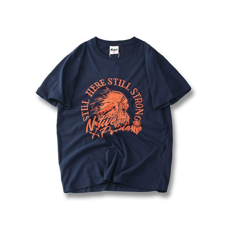 American Retro Print Pure Indian Cotton Short Sleeve T-shirt Men Summer Trendy Bottoming Shirt Export Cotton T-shirt