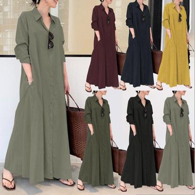 Col rabattu à manches longues chemise ample robe Maxi robe islamique musulmane grande taille ample Maxi longue