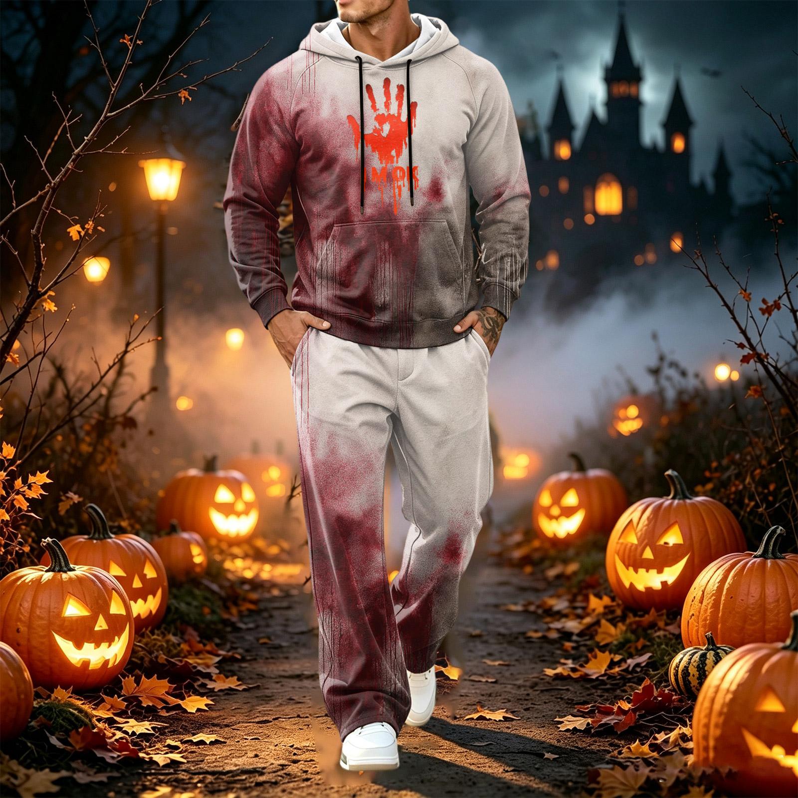 Men s Halloween Printed Long Sleeve Hoodie and Pants Set Two Piece Sweatsuit Costume Outfit S