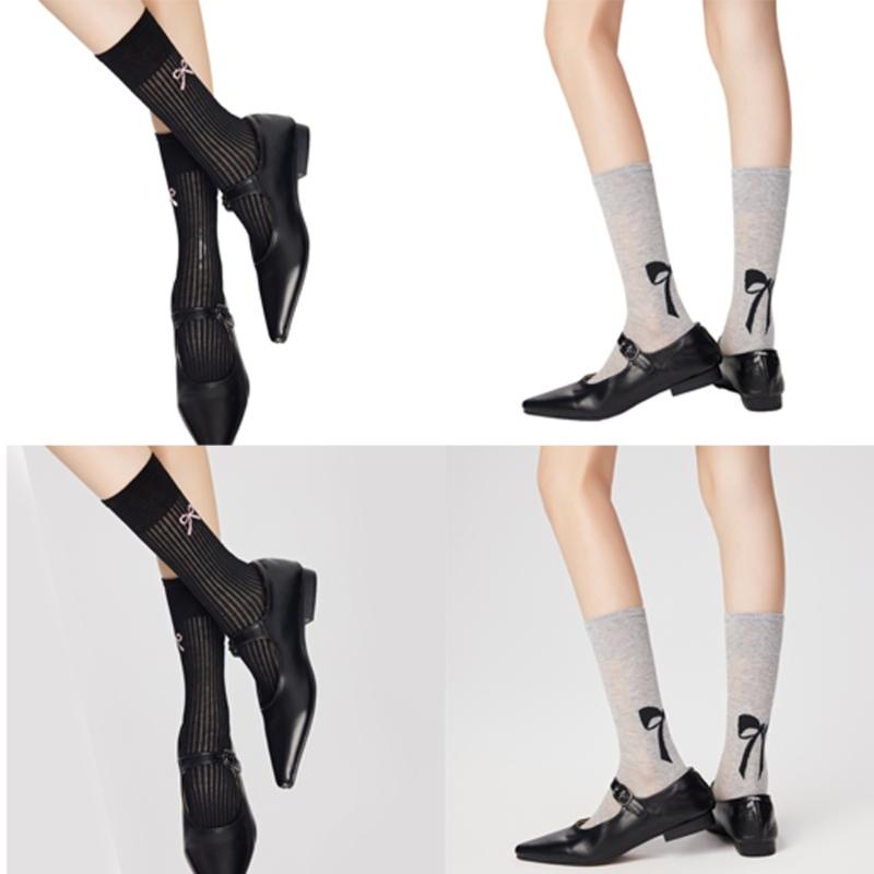 Cute Bowknot Pattern Long Calf Length Socks for Women and Girls Breathable Mesh Ribbed Student Cotton Stockings Hosiery