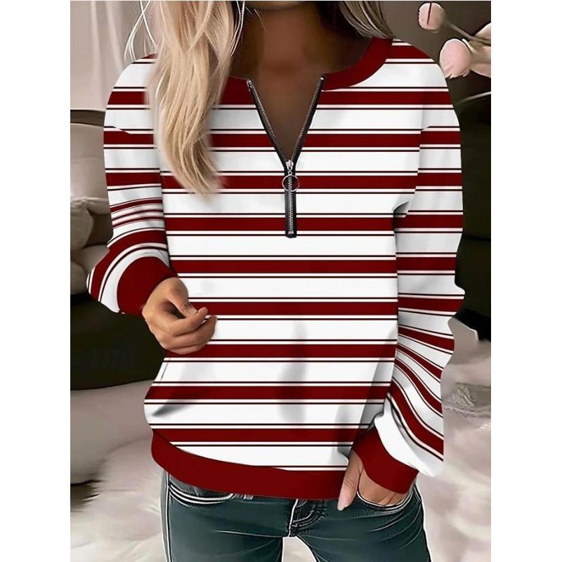 Womens V-Neck Half-Zip Long Sleeve Oversized Hoodie With Geometric Print Casual Comfort Fit 2025