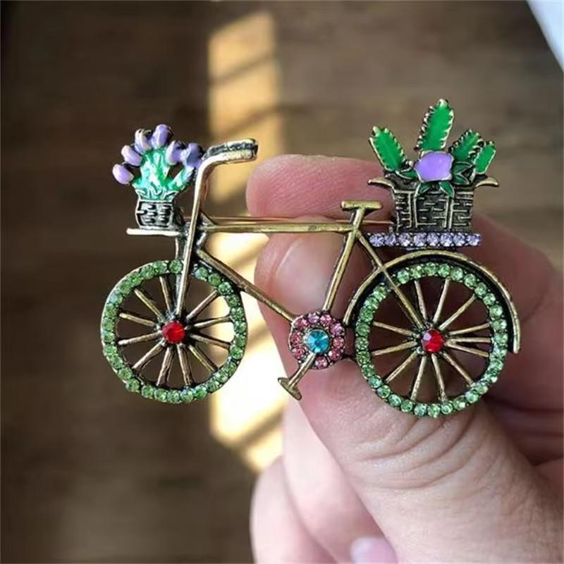Creatieve Fiets Broche voor Dames Heren Mode Strass Bloemenmand Broches Spelden Sieraden Accessoires Feest Cadeaus 2025