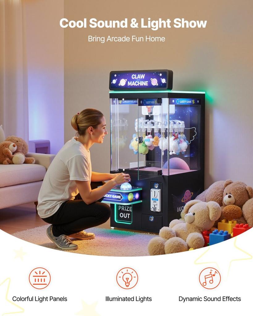 Claw Crane Machine, Medium-Sized Arcade Game Machine with Light & Sound, Adjustable Difficulty, Precise Toy Candy Grabber Prize Dispenser Vending Toy,