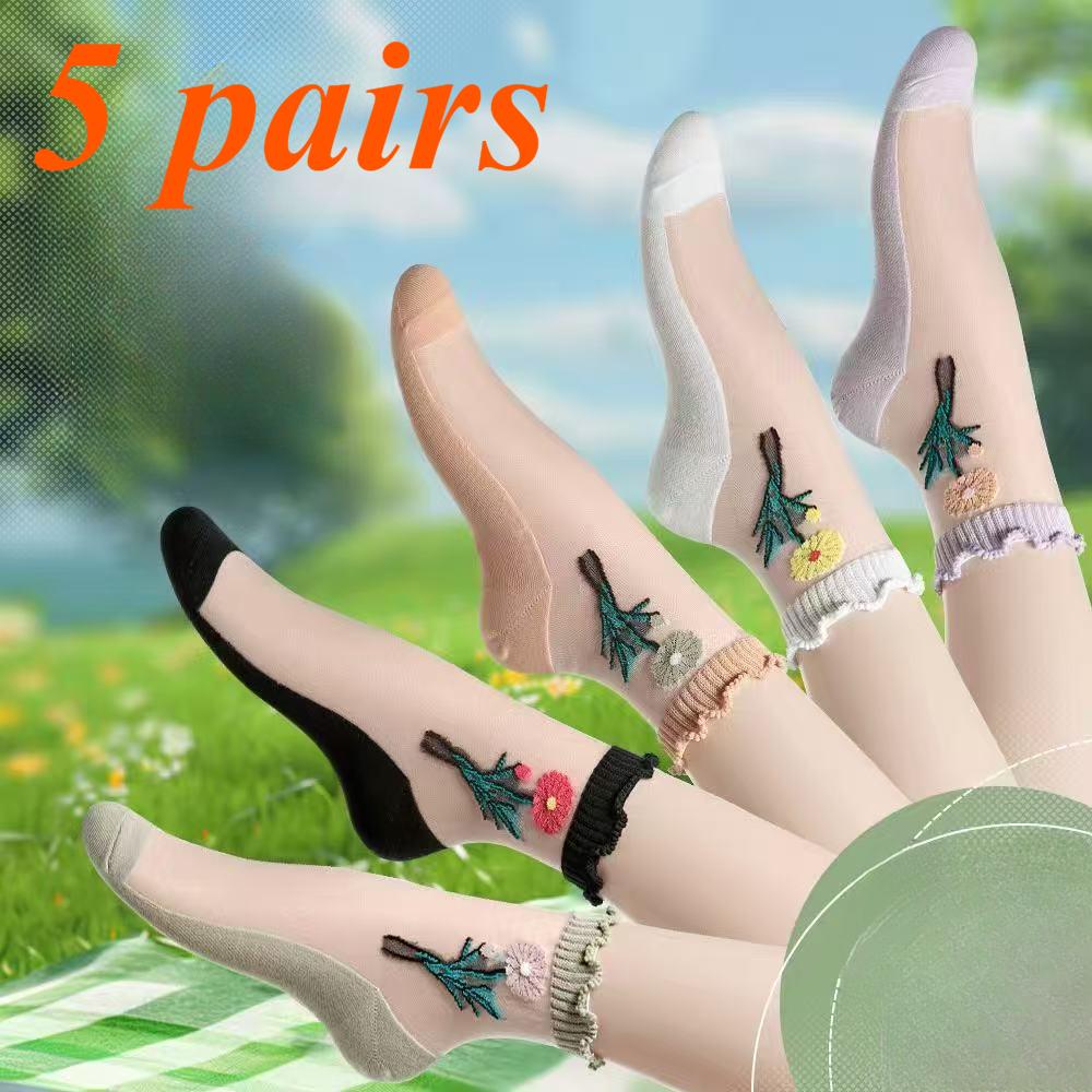 

5 Pairs Womens Floral Embroidered Socks Fashionable Lightweight Mesh Socks 5 Pairs