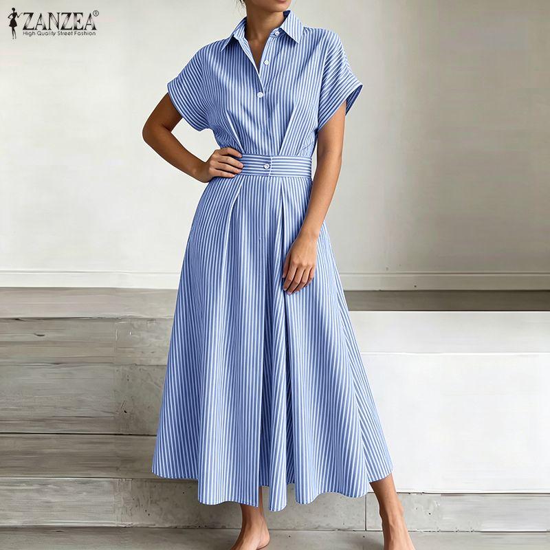 ZANZEA Womens Casual Turn Down Collar Polka Dot Print Short Sleeve Dress