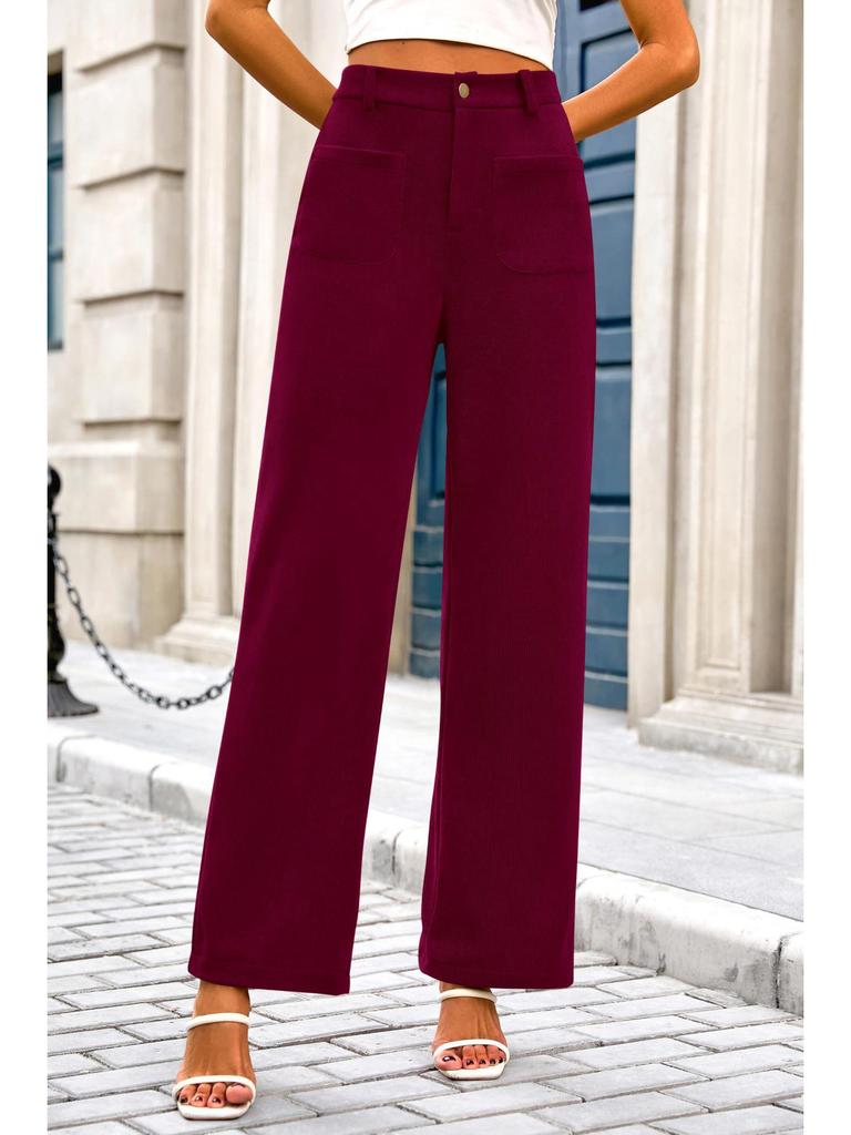 Women's High Waist Elastic Casual Pants with Button and Pockets