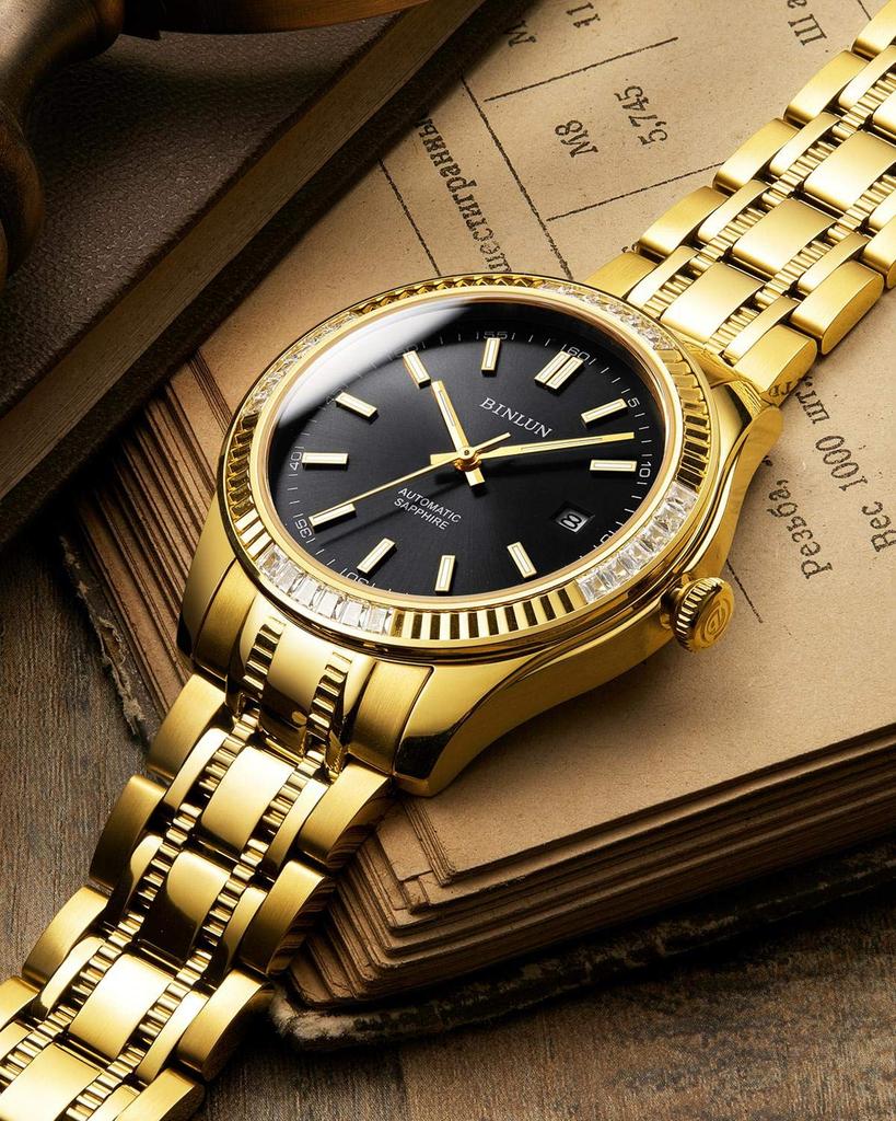 BINLUN Gold Mechanical Automatic Business Popular with Stainless Date Display Men's Watch, Waterproof, Stylish, Casual, Watch, Gentlemen, Steel,