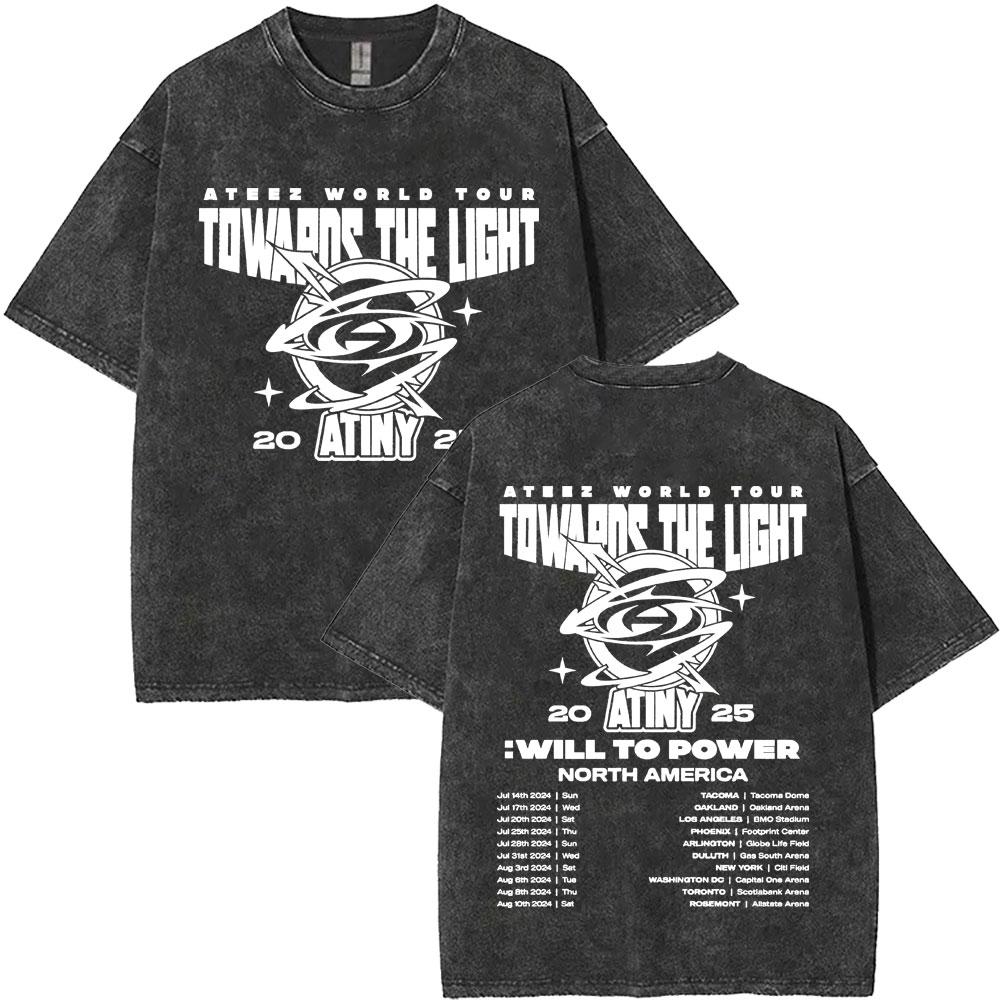 Washed Vintage Kpop ATEEZ "FlX ON" Merch T-shirt Men Women Korean Fashion Trend T Shirts Men's Casual Oversized Cotton T-shirts