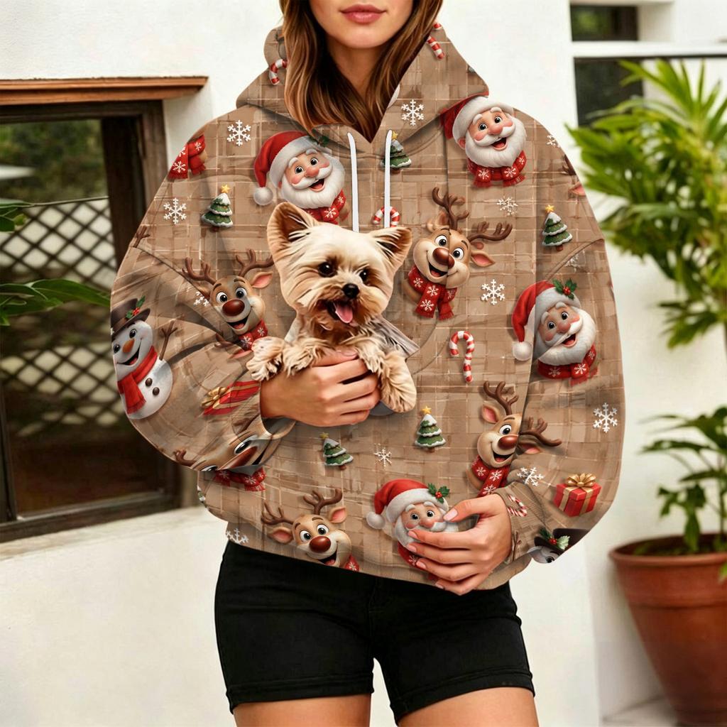 Women's Christmas Print Hoodie with Large Pet Pocket, Casual Long Sleeve Pullover Sweatshirt