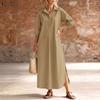 ZANZEA Women Daily Casual Turn Down Collar 3/4 Sleeve Loose Long Dress