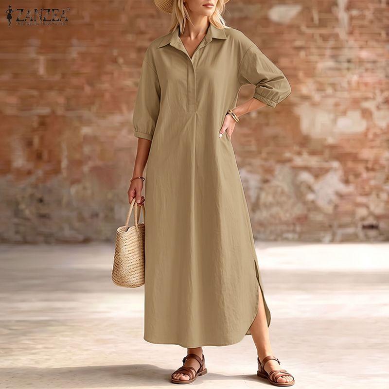 ZANZEA Women Daily Casual Turn Down Collar 3/4 Sleeve Loose Long Dress