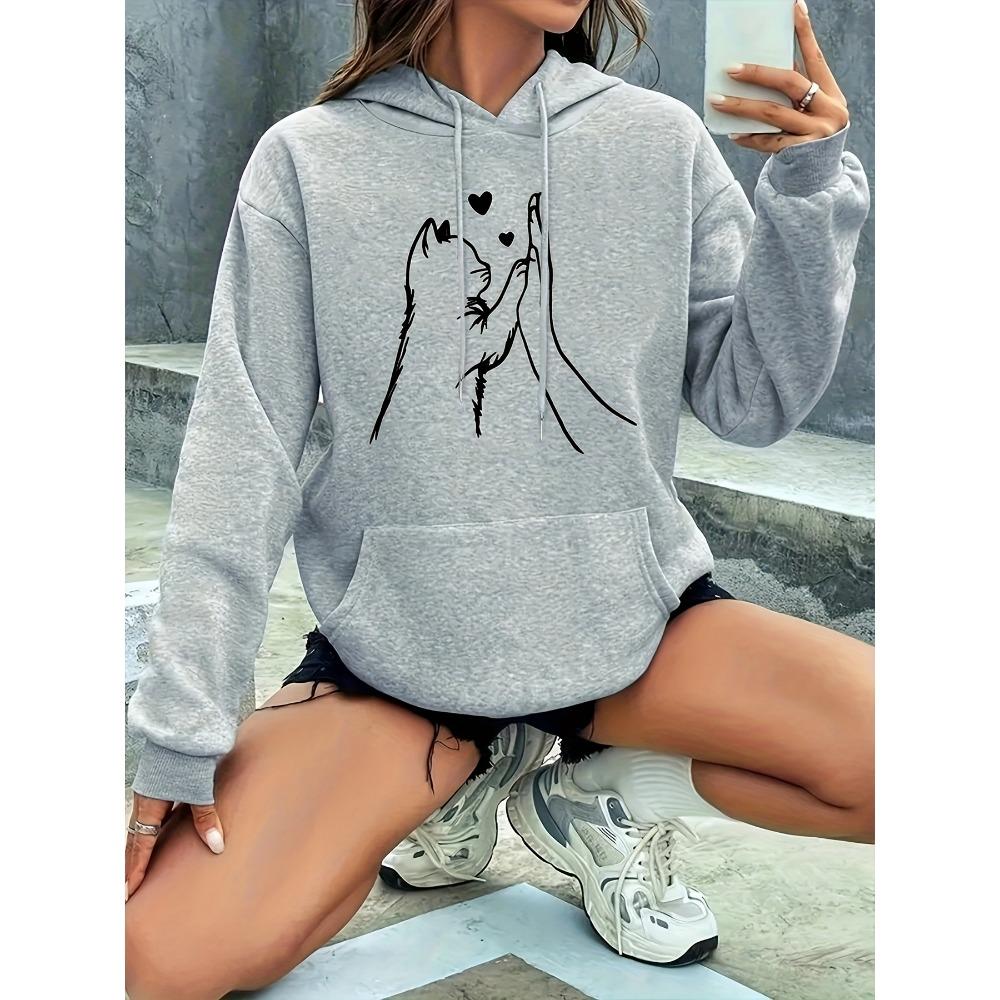 Hoodie Women's Casual Hooded Sweatshirt with Cute High-Fiving Cats  Hearts Graphic Print Fall Winter Warm Hoody