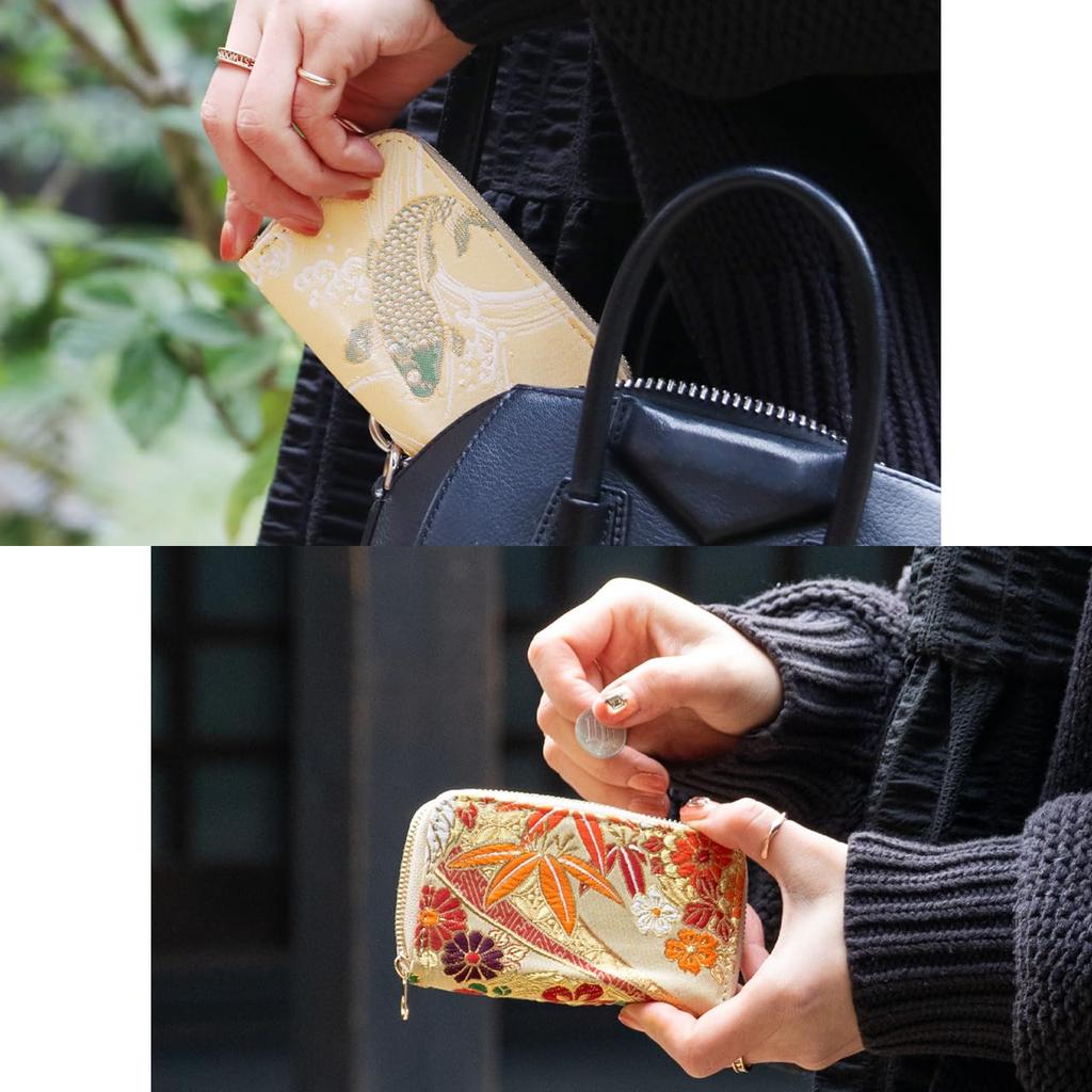 Pine Coin Case with Round Perfect for Elegant and Carp Design [leo&aoi] Nishijin-ori Zipper, Kimono, High-Quality,
