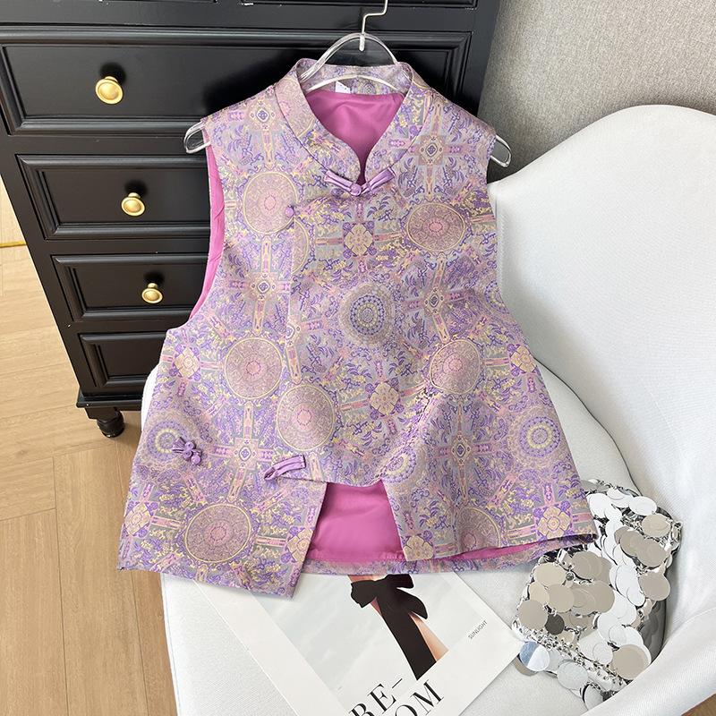 

2025 ранняя весна женский жилет темперамент жаккард дисковая пряжка воротник-стойка улучшенный жилет жилет XXXL [Recommended 138-75kg]