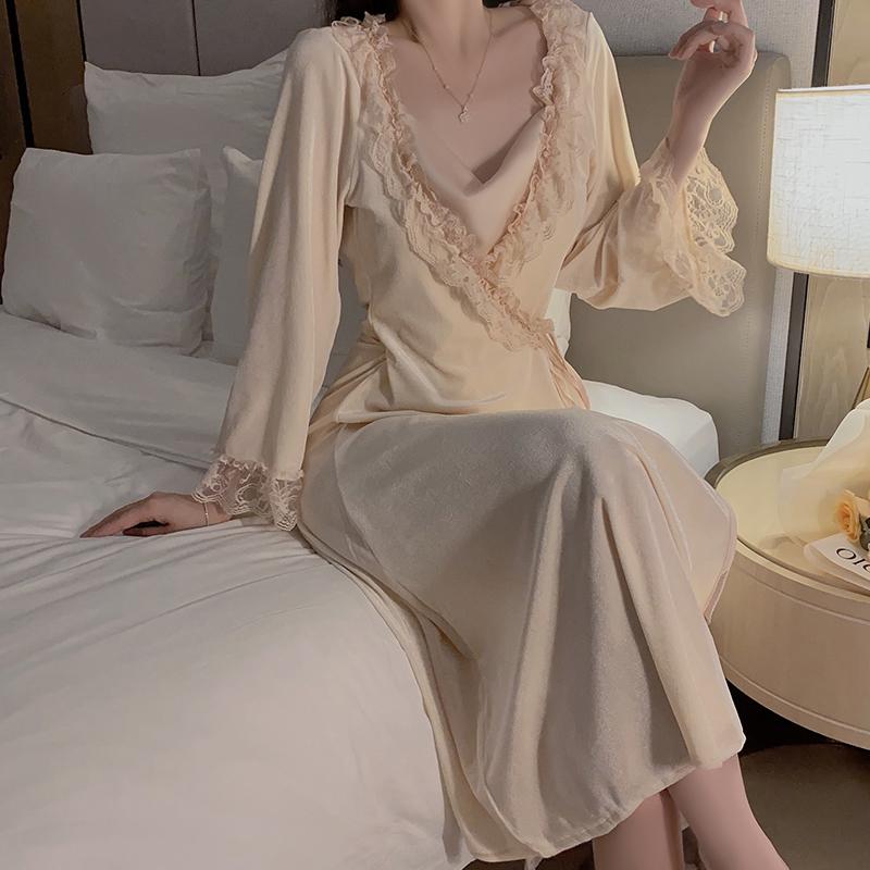 Sleeping Autumn Swing Collar Slit Satin Pajamas New Velvet Lace Sexy Women's Pajamas