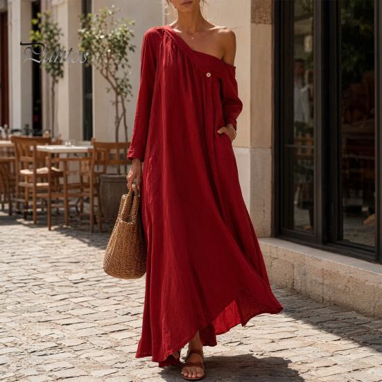Mid-length Dress Summer Maxi for Women, Casual Loose One Shoulder Long Elegant Sleeve Dress, Flowy Beach Vacation Sundress wwith Pockets Versatile