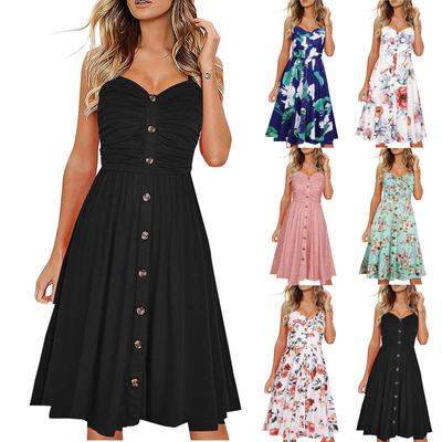 Fashion Women's Casual V-Neck  Printed Button Straight Knee Length Dress