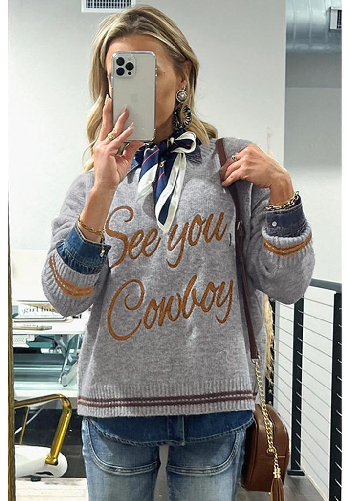 2025 Winter Women's Fashion: Warm Drop Shoulder Letter Embroidery Knit Pullover Sweater