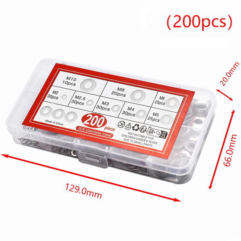 910/200Pcs Suitable For Home Decoration 304 Stainless Steel Flat Washers Assortment Kit (M2 M2.5 M3 M4 M5 M6 M8 M10 M12)