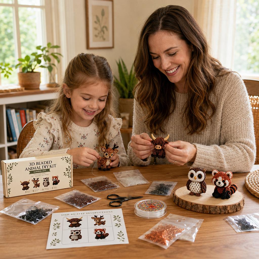 3D Beaded Animal DIY Kit Set for Beginners and Adults Creative Bead Crafting Project Kit with Deer and Bull Patterns Manual Assembly Toy Gift