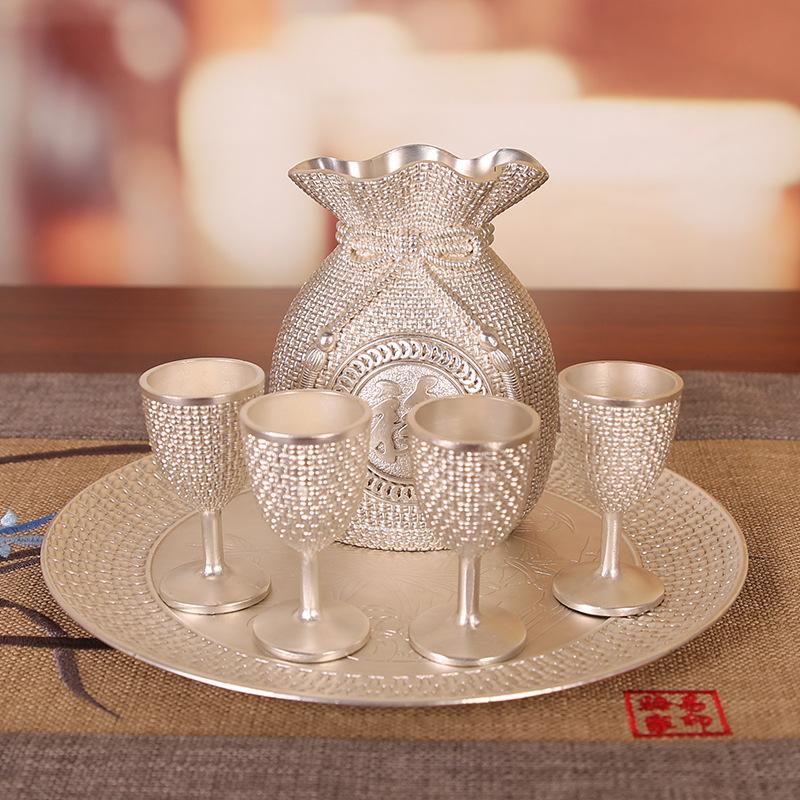 Tea set Bronze-plated wine set High-end household wine pot European-style metal goblet lucky bag Baijiu cup six-piece set