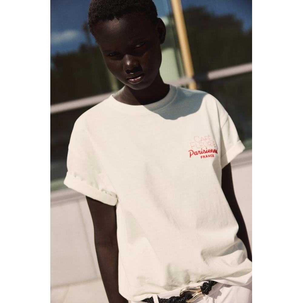 

H M printed t shirt cream Caf Fleurie