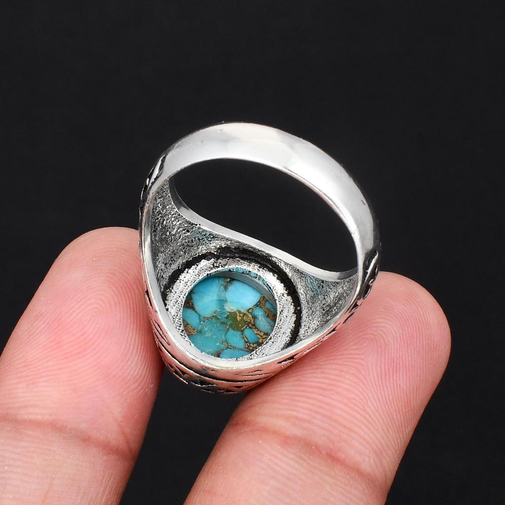 Vintage Herrring Turkos Ädelstensring Antik 925 Sterling Silver Filigran Design Bohemisk Punkstil Statement Smycke