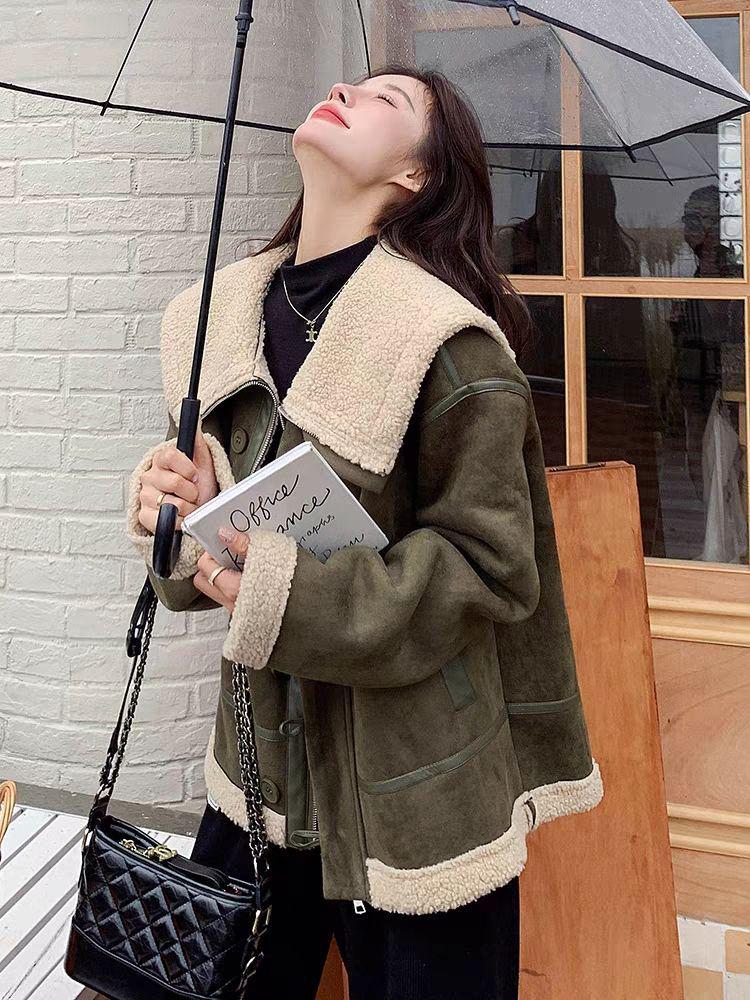 2024 Women's Korean Style Cold-Proof Fur-Integrated Motorcycle Jacket, Petite Fit, Plus Velvet