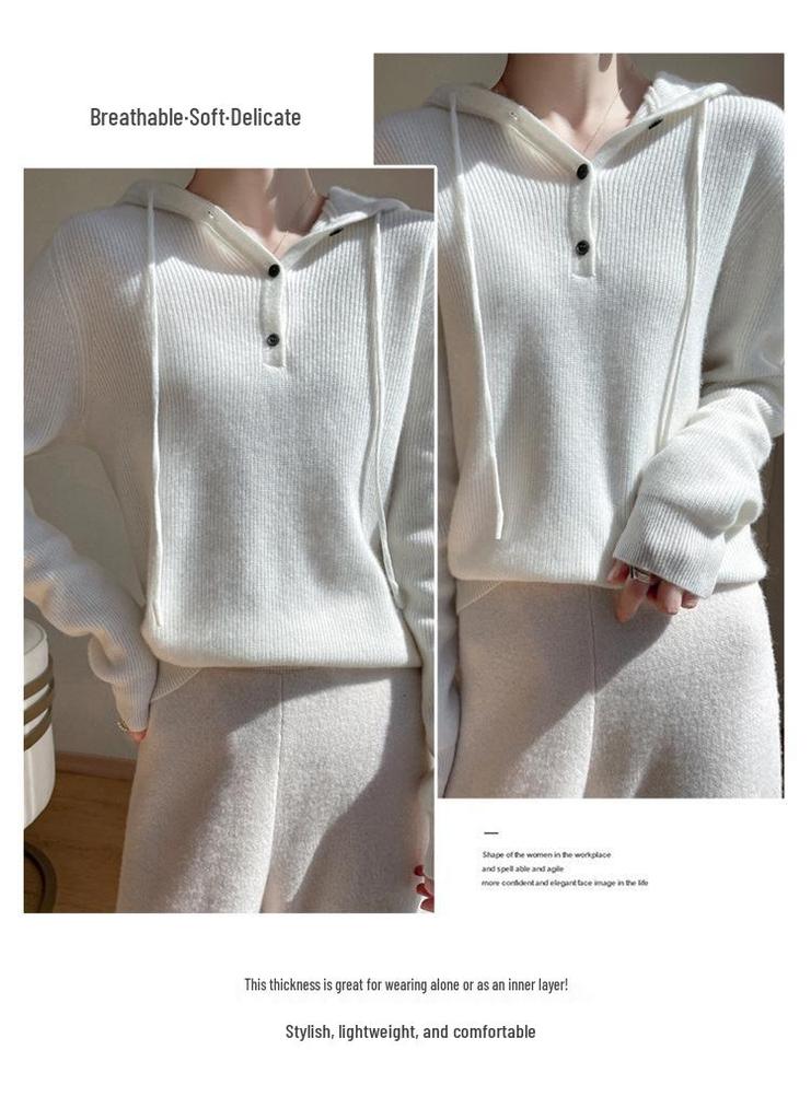 Women's Cashmere Hooded Knit Sweater - Autumn/Winter Collection, Loose Fit, Short Pullover Hoodie.