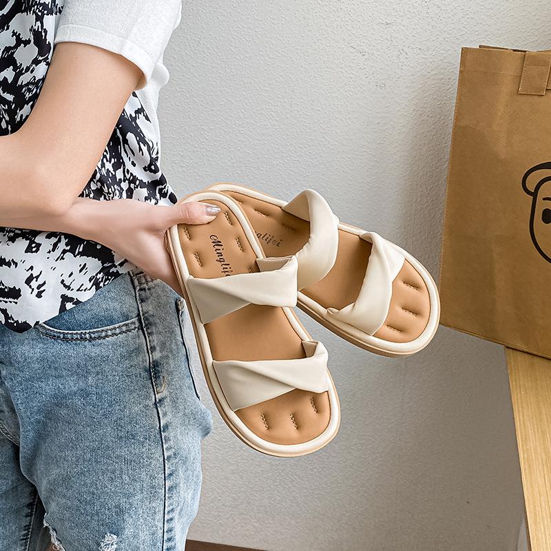 Slippers Women Summer Outside Flat Sandals Beach Slippers Belt Buckle Half Drag Sandals Women Shoes Flat Slippers Fashion 35