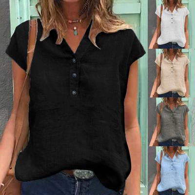 Dames Casual Vintage Katoen Linnen Shirt V-hals Knopen Kleur Katoen Korte Mouwen Top