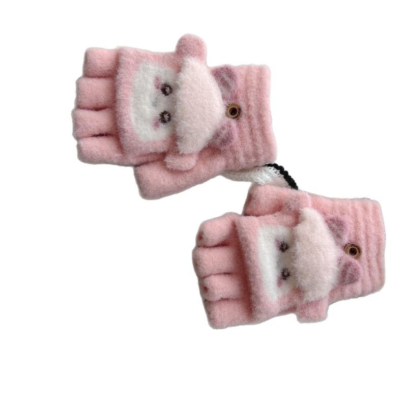 - Einjährige Kinder Strickhandschuhe mit Klappe, Damen Herbst und Winter Halbfinger mit freien Fingern, niedliche lockige Plüsch warme Schülerhandschuhe