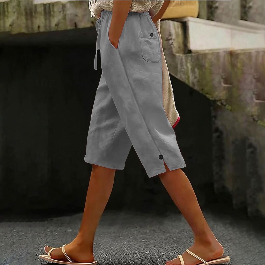 Women’s Loose Fit Linen Cropped Pants with Elastic Waistband and Side Pocket Casual Wide Leg Trousers