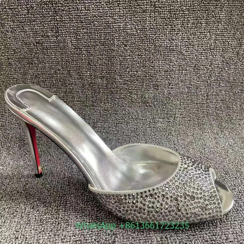 Fashion Crystal Bling Bling Women Slippers Slip-On Peep Toe Stiletto Heel Shiny Sandals Summer Fashion Party Rhinestone Sexy Slides