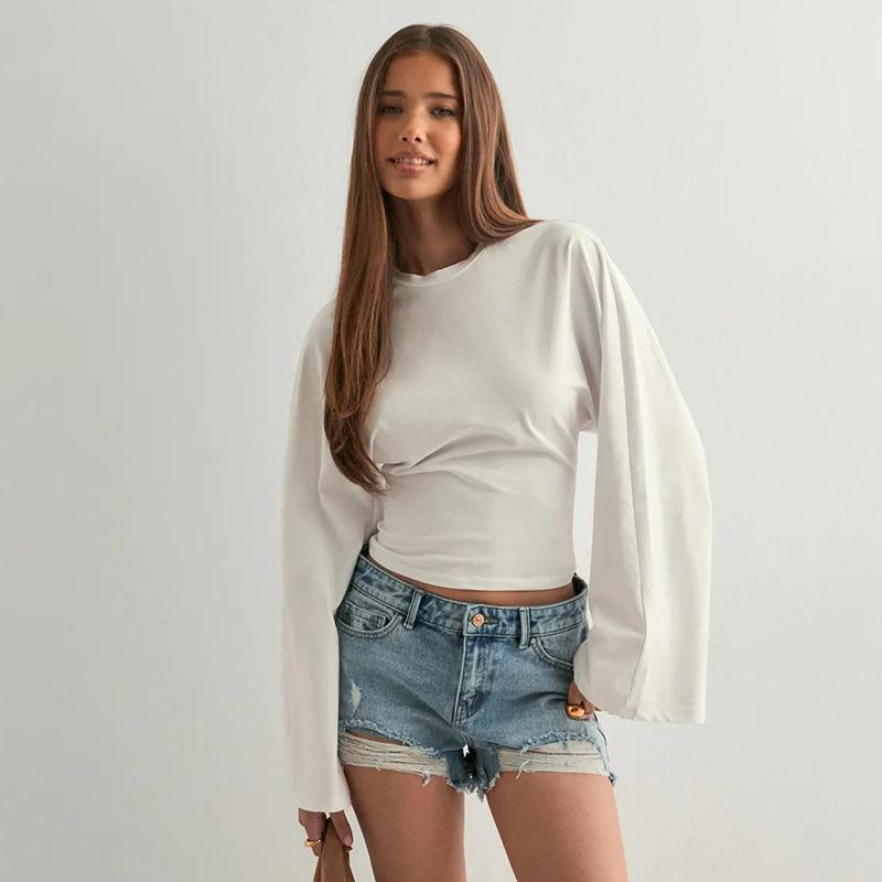 Summer New Style Daily Casual Simple and Versatile Long-sleeved Pullover, Solid Color Waist Temperament Is Thin Gray Long-sleeved T-shirt Y25TP201