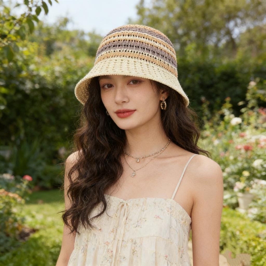 Color knitted hollow breathable bucket hat women's summer outdoor face small sunshade bucket hat women's basin hat