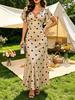 Vestido Largo Casual de Lunares Beige y Negro con Cuello en V y Mangas Acampanadas Línea A para Mujer Vestido de Picnic