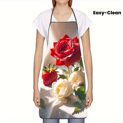 Multisize Apron with Elegant Rose and Strawberry Design - Perfect for Kitchen Decor and Cooking Enthusiasts
