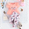 New Summer Baby Girl Flying Sleeve Solid Color Top + Butterfly Print Long Pants Two-Piece Set