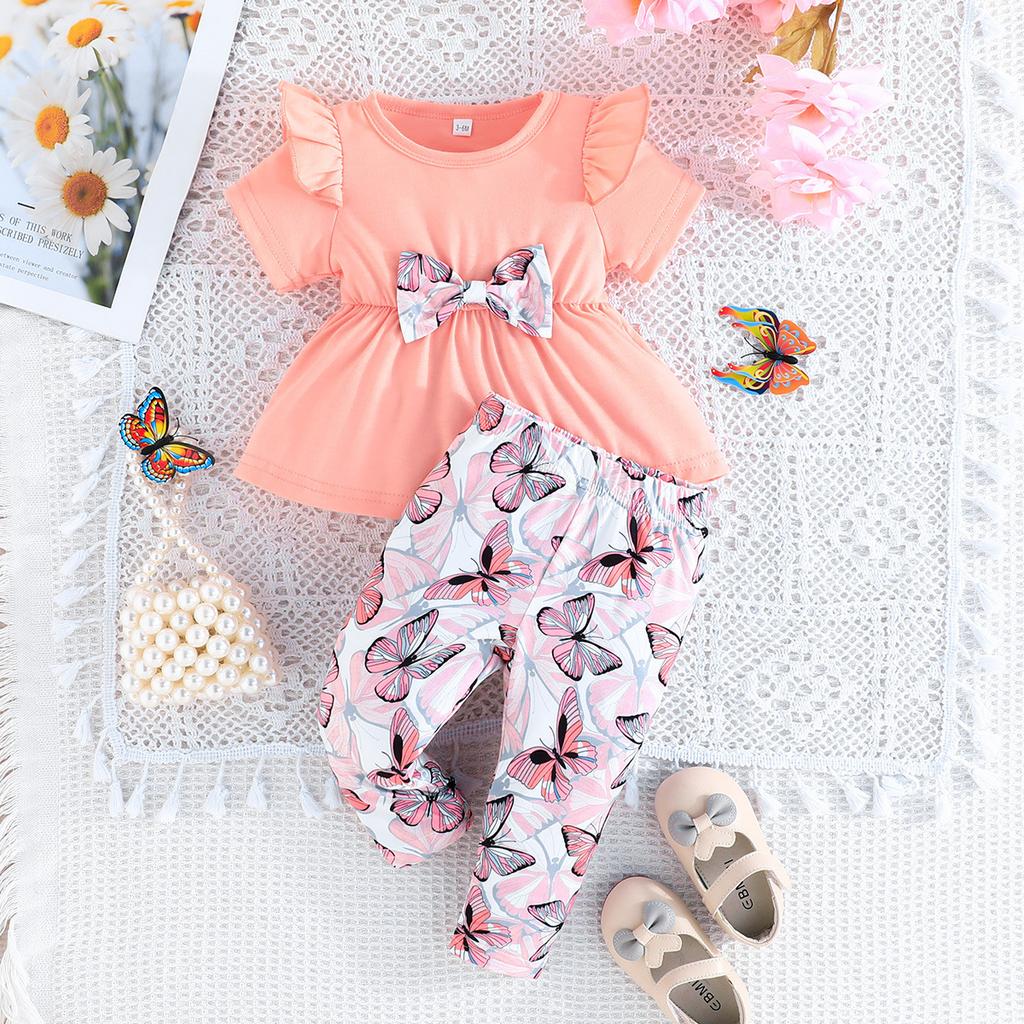New Summer Baby Girl Flying Sleeve Solid Color Top + Butterfly Print Long Pants Two-Piece Set
