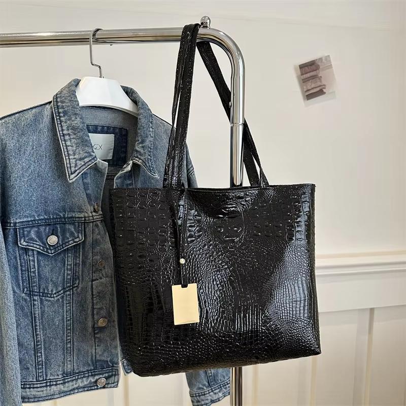 Bolso de Mano Grande Casual de Moda para Mujer, Bolso de Hombro Brillante Metálico con Relieve de Cocodrilo para Compras Diarias de Damas