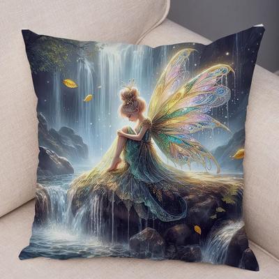 Süße Cartoon Waldfee Elf Kissenbezug Doppelbedruckte Kissenhülle Dekor für Sofa Zuhause Super Weicher Plüsch-Kissenbezug,